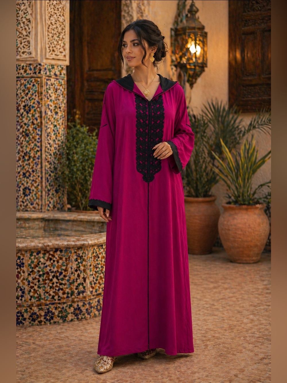 Moroccan Djellaba Fuchsia Black Trim Lightweight Elegant Caftan.